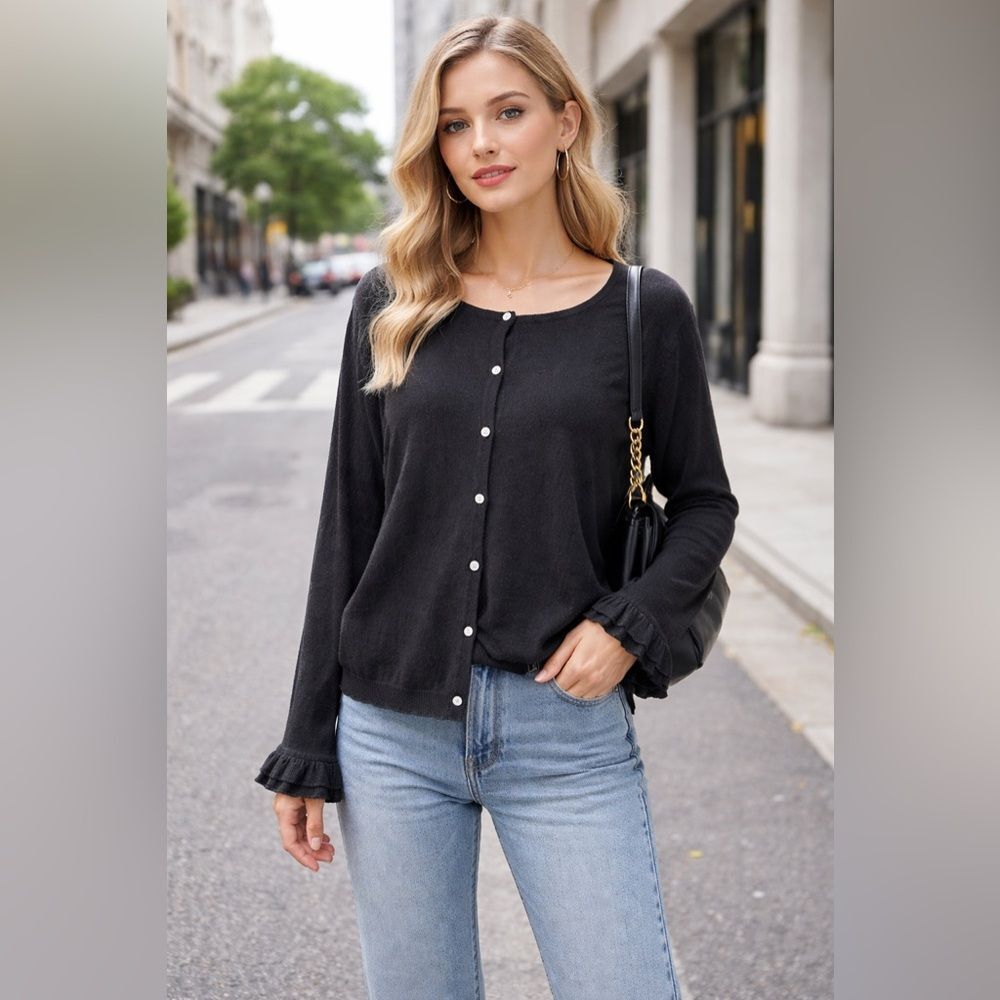Oscar de La Renta Women’s Black Round Neck Silk Blend Cardigan Rea XL NWT